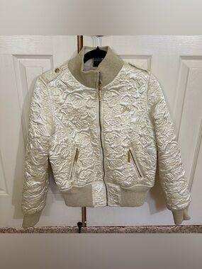 Lot29 Satin Bomber Jacket Womens XS Cream Embroidered Y2K Cropped